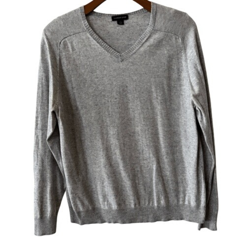 LANDS' END Cotton‎ Cashmere Sweater Men's Xl Gray V-Neck Long Sleeve pullover